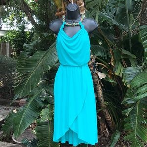Bebe turquoise beaded halter asymmetric dress